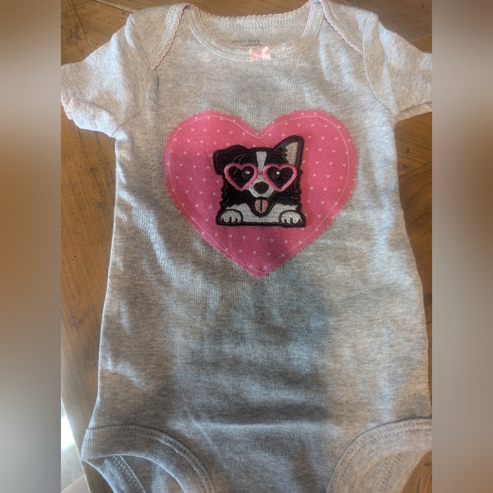 Gray Baby Bodysuit with Pink Heart Puppy Appliqué